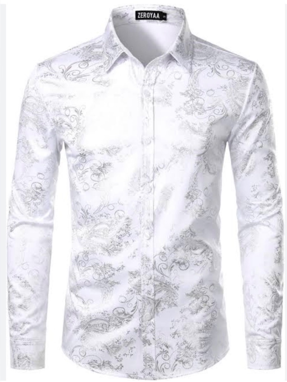 ZEROYAA Men's Luxury Paisley White/Silver Metallic Shiny Printed Shirt Sz M